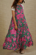 GREEN FLORA TIERED DRESS