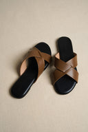 TAN CROSS STRAP SLIDES