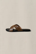 TAN CROSS STRAP SLIDES