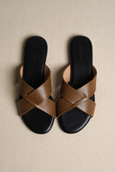 TAN CROSS STRAP SLIDES